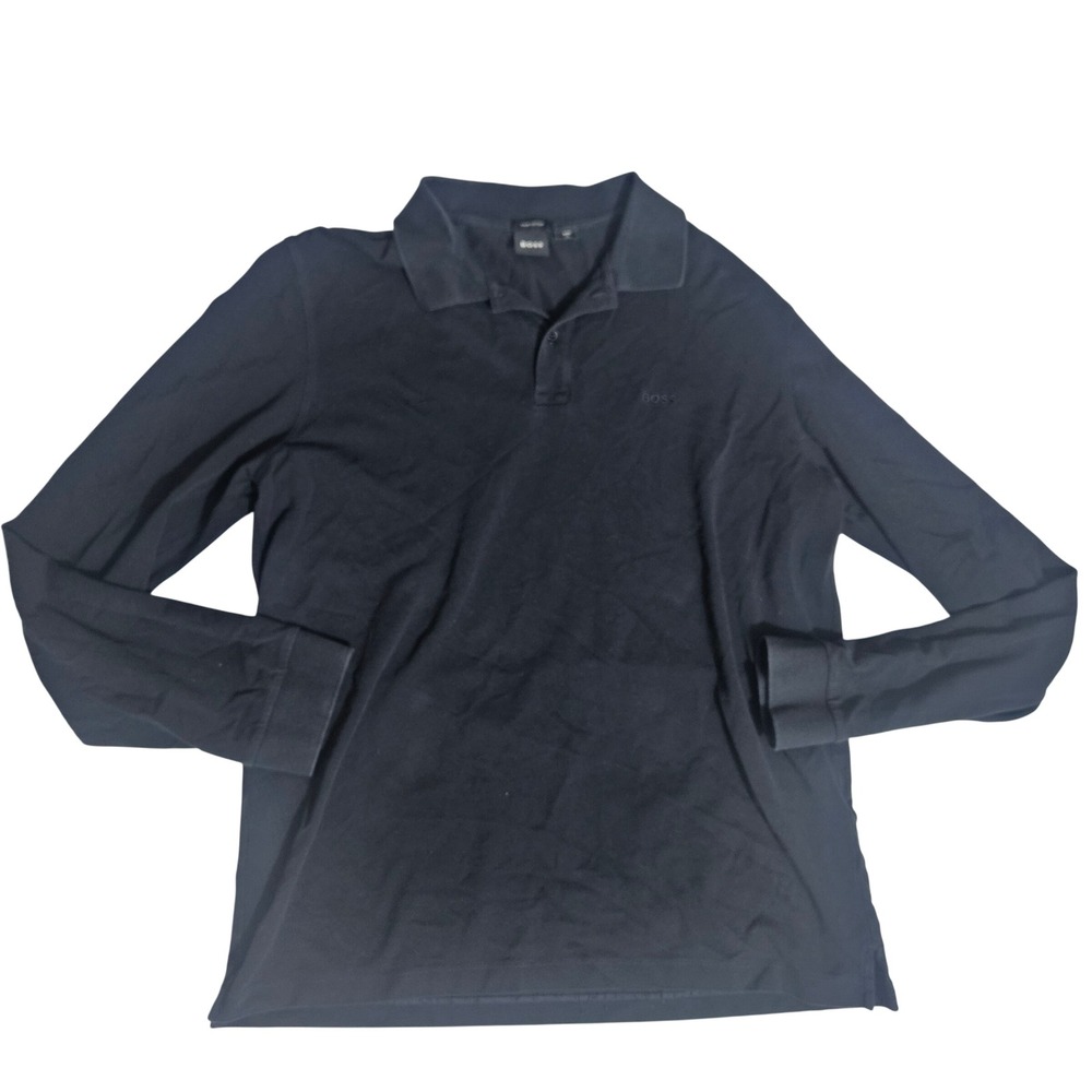 Hugo Boss Mens XL Long Sleeve Polo Shirt Black Pima Cotton Logo Pullover